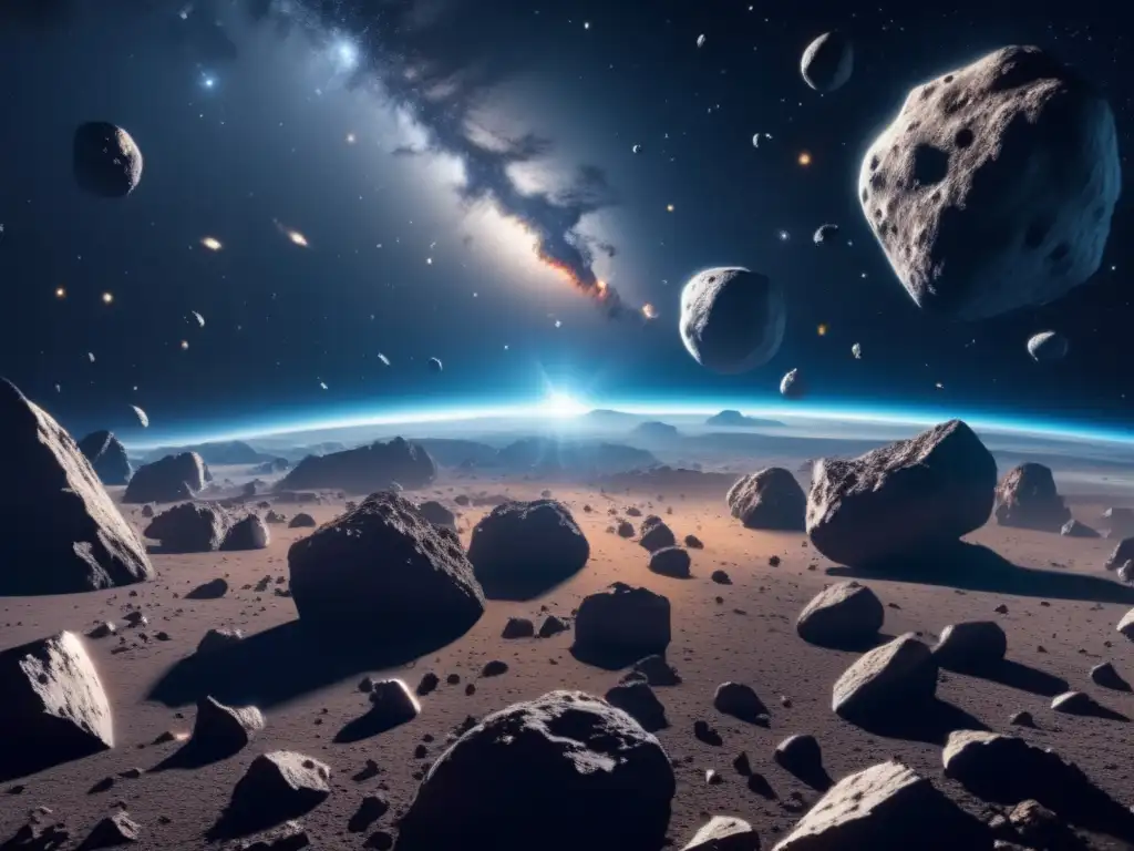 Asteroid field: belleza cósmica Exploración de asteroides en el espacio: Imagen 8k de un vasto campo de asteroides, con detalles ultradetallados y una belleza fascinante