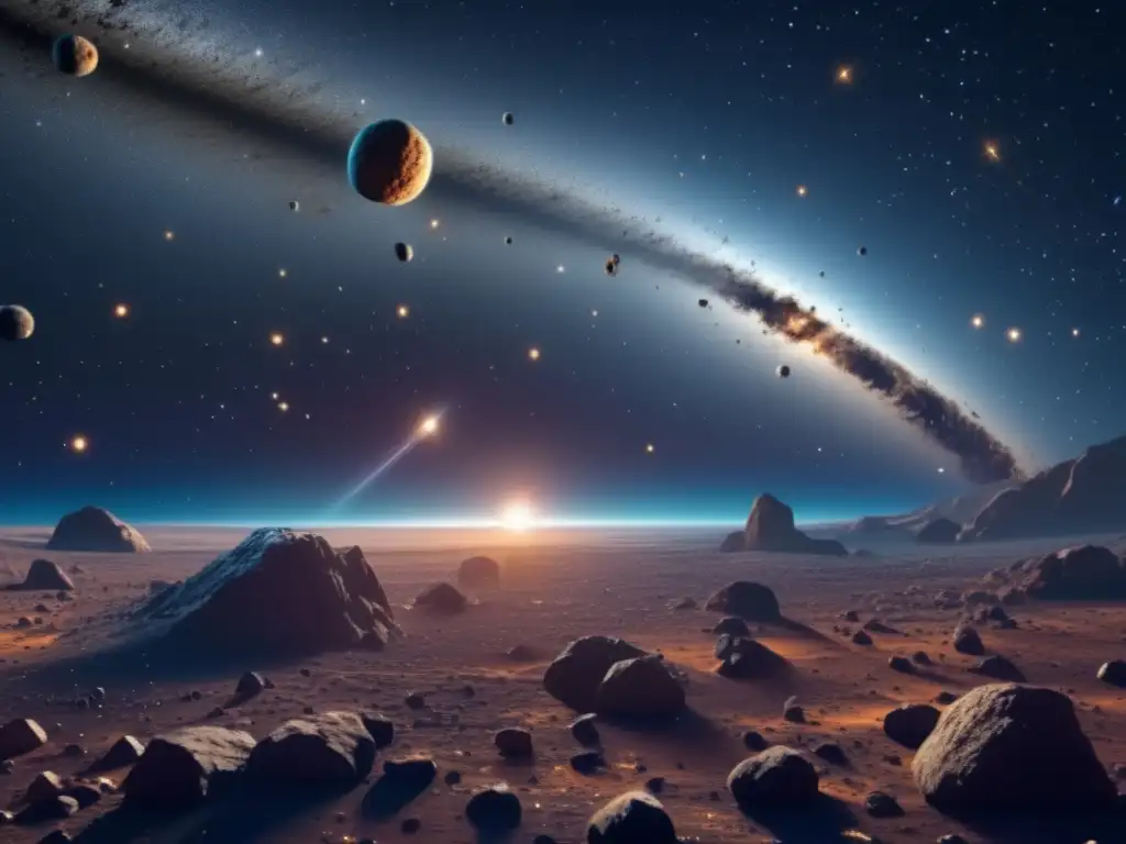 Exploración de asteroides en el espacio: imagen detallada del cinturón de asteroides en 8k, con colores vibrantes y formas diversas