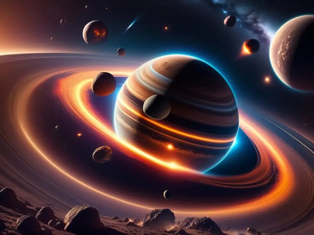 Exploración de asteroides en el espacio: impresionante imagen 8k ultradetallada de un gigantesco planeta rodeado de asteroides