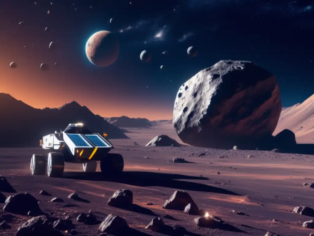 Exploración de asteroides en el espacio: Operación minera futurista en un asteroide 8k detallado