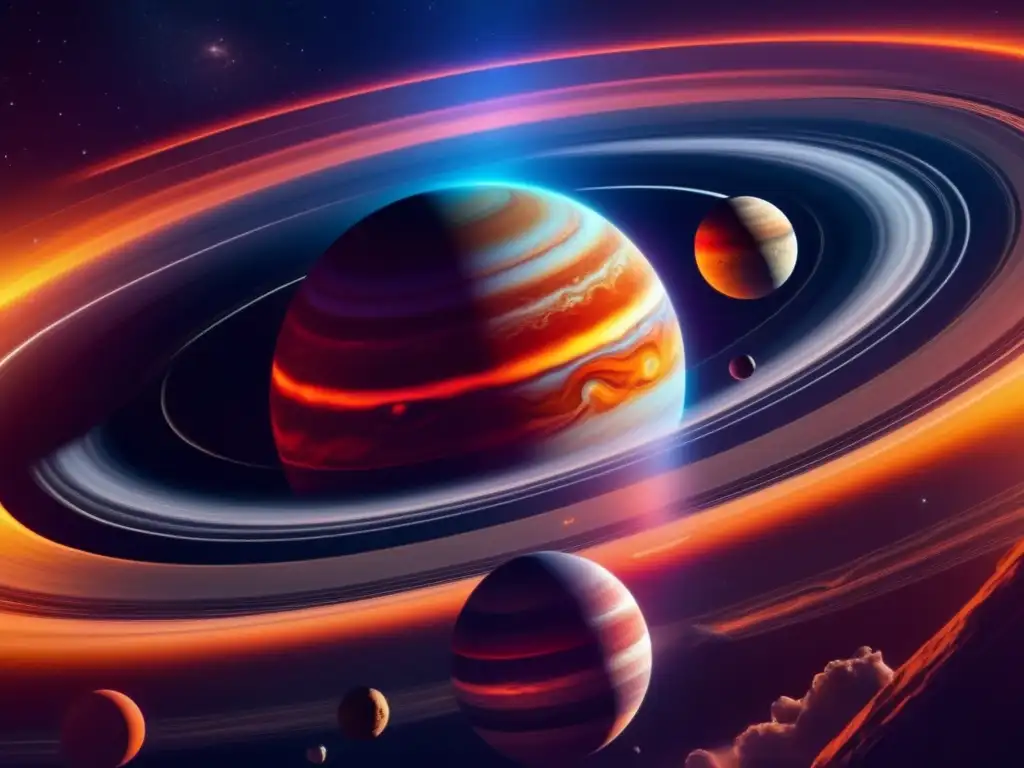 Exploración de asteroides en Júpiter: una representación 8k fascinante del sistema solar, con el enfoque en Jupiter y su influencia gravitacional