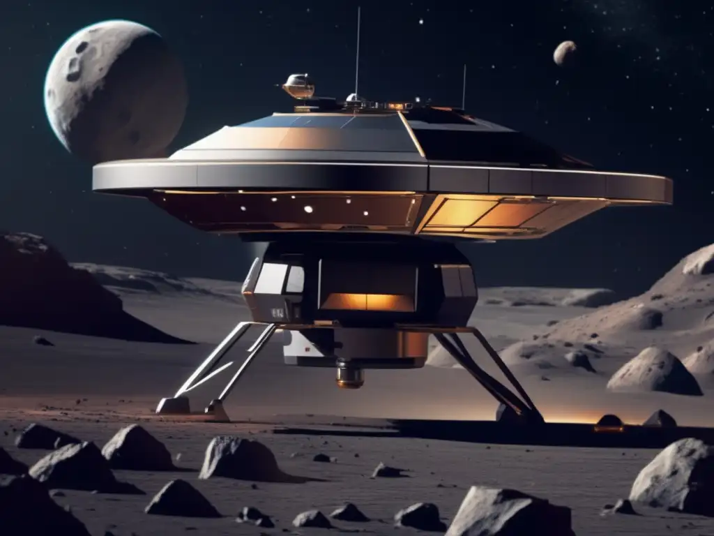 Sonda espacial futurista explorando asteroide Exploración de asteroides: Futuro y proyectos - Sonda espacial escaneando asteroide en busca de recursos -