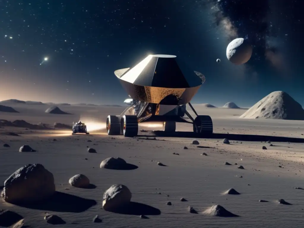 Futuro de la exploración de asteroides Exploración de asteroides: Futuro y proyectos - Imagen impactante del espacio con una nave espacial moderna y drones recolectando datos