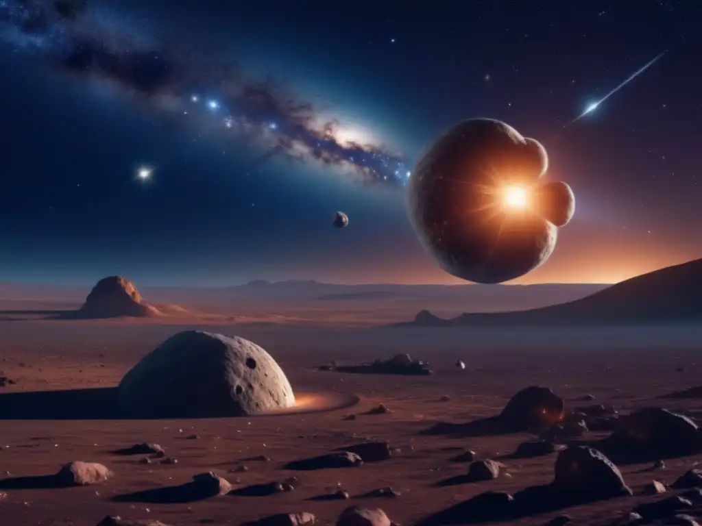 Cosmos estelar con asteroide gigante iluminado Exploración de asteroides: historia cósmica y efecto en la Tierra