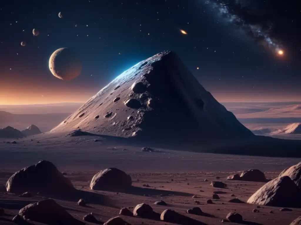 Exploración asombrosa de asteroides Exploración de asteroides: imagen 8k detallada muestra cosmos estrellado y asteroide con nave espacial avanzada