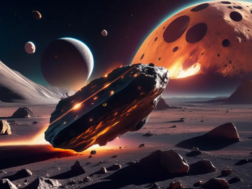 Asteroida espacial con astronaves y exploración de recursos Exploración de asteroides: imagen impactante de un asteroide masivo en el espacio, con su superficie rugosa y colorida