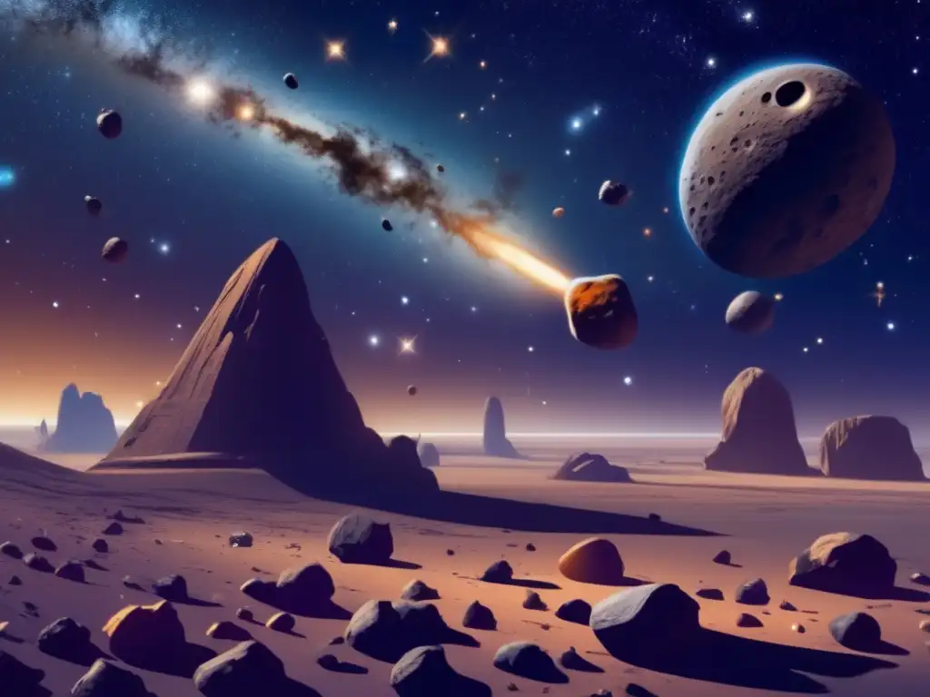 Espacio estelar con asteroides y cometas Exploración de asteroides: impactos y recursos en el universo