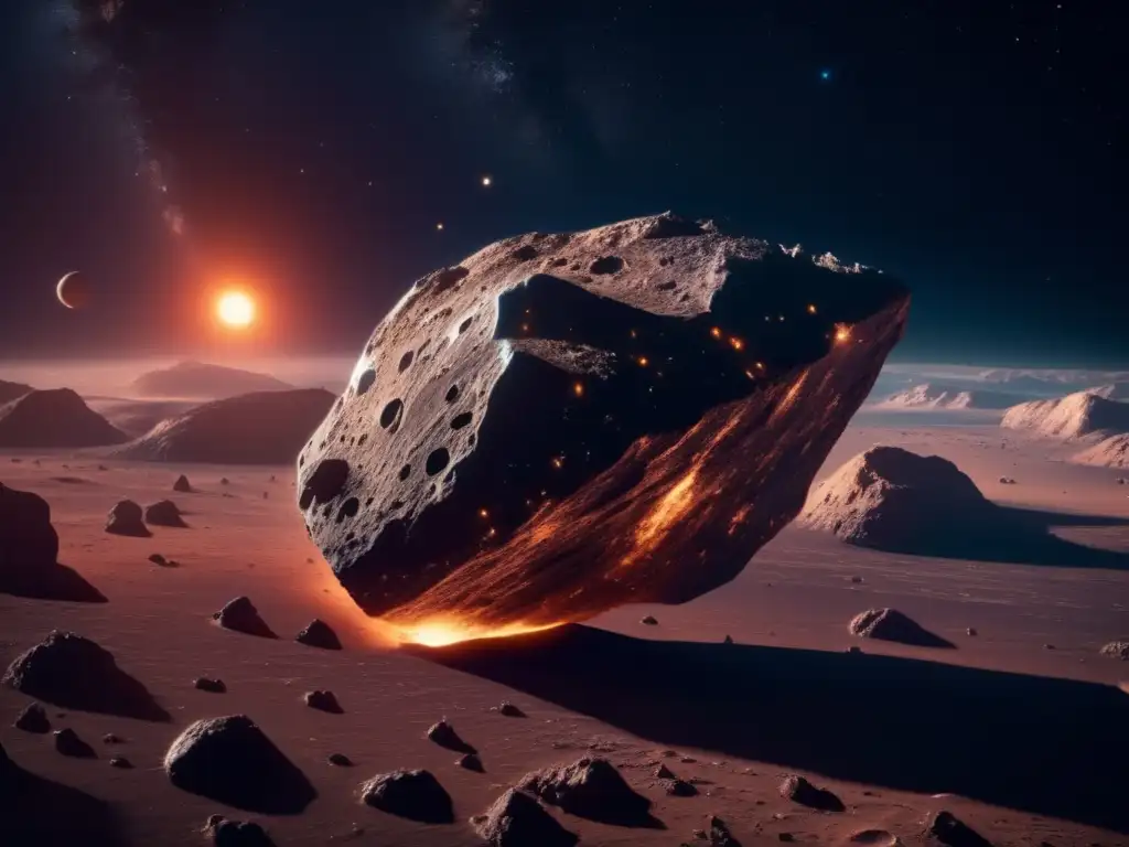 Asteroide irregular flotando en el espacio Exploración de asteroides irregulares para minería estelar: imagen impactante de asteroide masivo en el espacio, rodeado de naves mineras futuristas