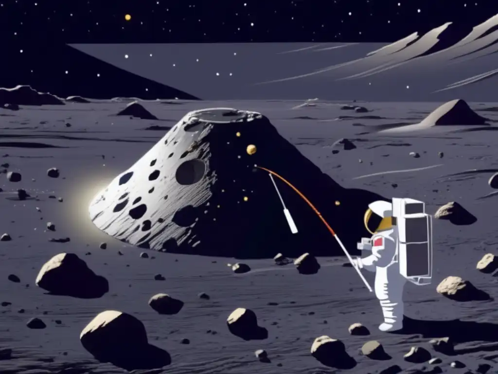 Misión espacial: Recolección de muestras del asteroide Itokawa Exploración de asteroides: Hayabusa y Itokawa recolectando muestras en el espacio