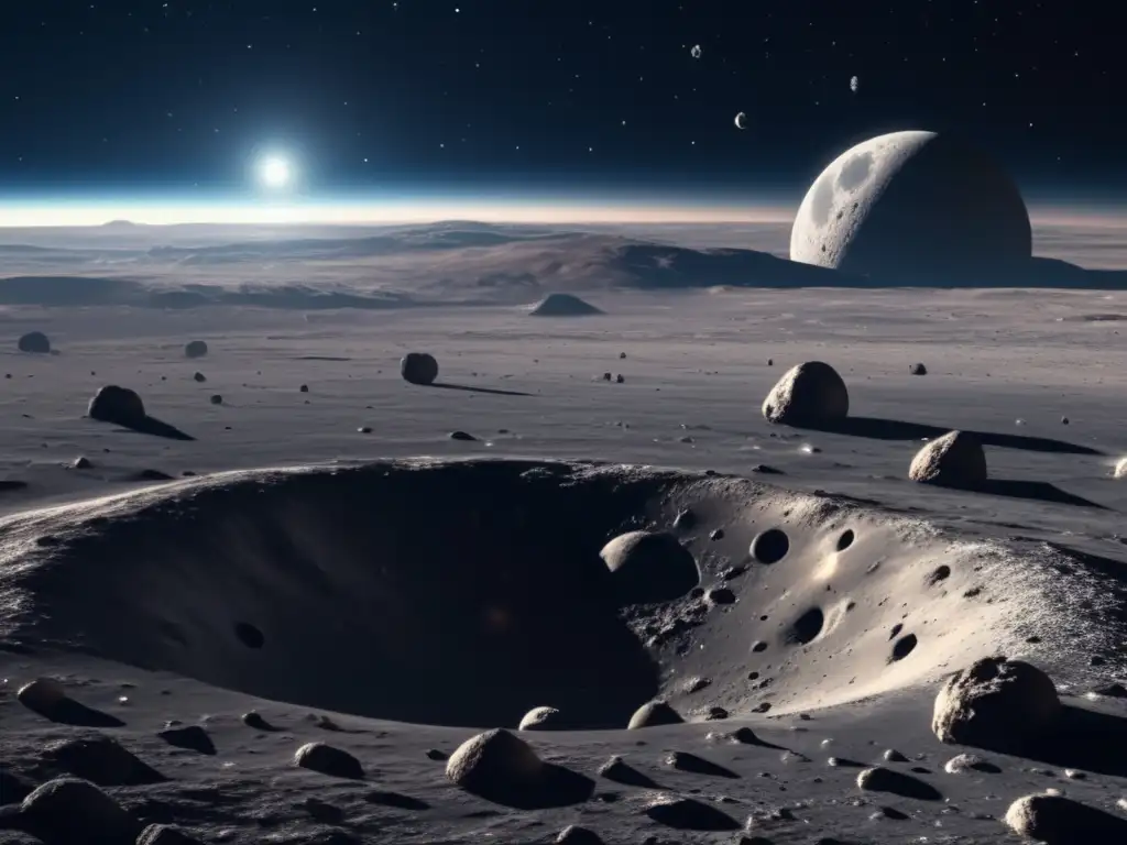 Escena espacial con la Luna y asteroides Exploración de asteroides lunares: Imagen detallada en 8K muestra la belleza del espacio, con la Luna y variados asteroides en primer plano