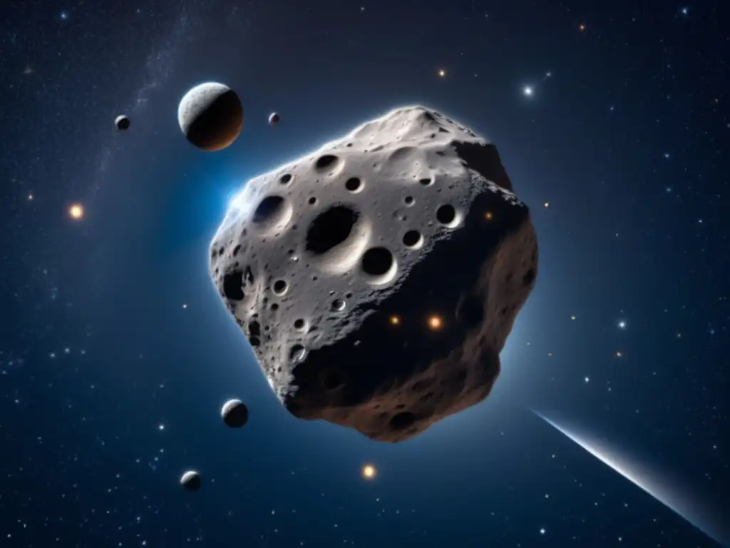 Maravillosa vista de un asteroide rodeado de lunas en el espacio Exploración de asteroides con lunas en el cosmos