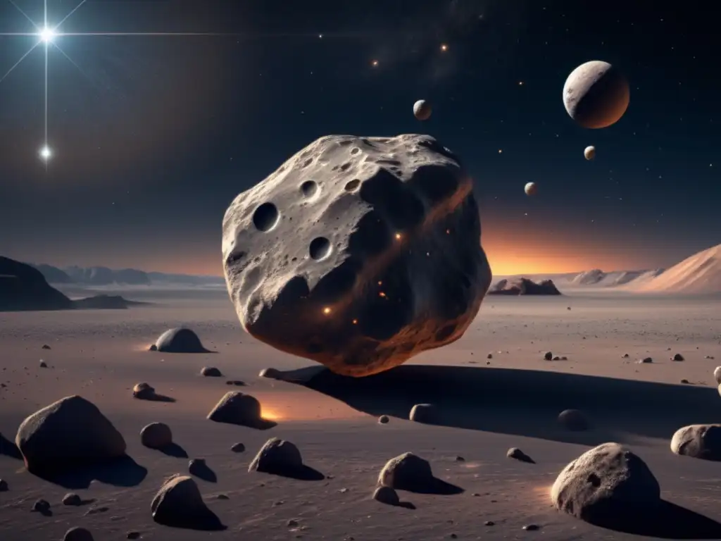 Sistema binario de asteroides en el espacio Exploración de asteroides con lunas: sistema binario en el espacio, asteroides rocosos con cráteres y regolito, detalles y texturas impresionantes