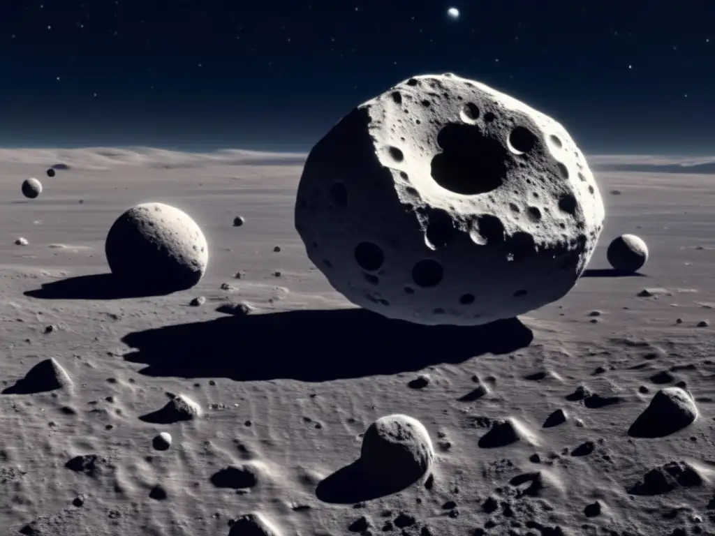 Asteroida con lunas orbitando en el espacio Exploración de asteroides con lunas en el vasto espacio: imagen de alta resolución de un pequeño asteroide con múltiples lunas orbitando a su alrededor, mostrando su danza gravitacional