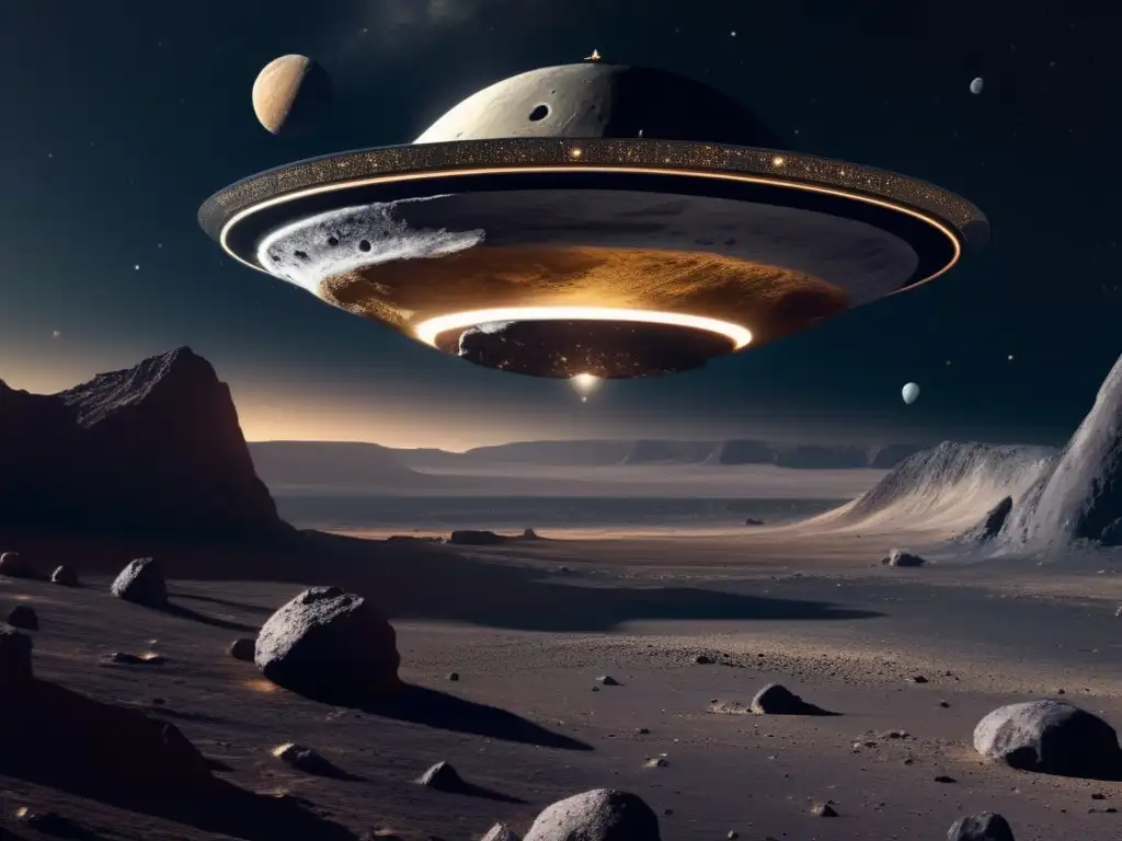 Impactante vista de sonda espacial cerca de asteroide con lunas Exploración de asteroides con lunas: Vista impresionante de sonda espacial sobre asteroide con múltiples lunas