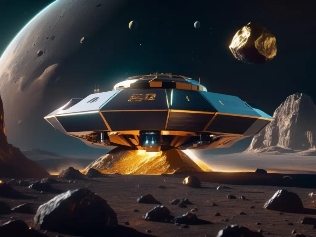 Futurística nave espacial minera en asteroide Exploración de asteroides para metales preciosos: nave espacial futurista extrae oro, platino y plata de asteroide
