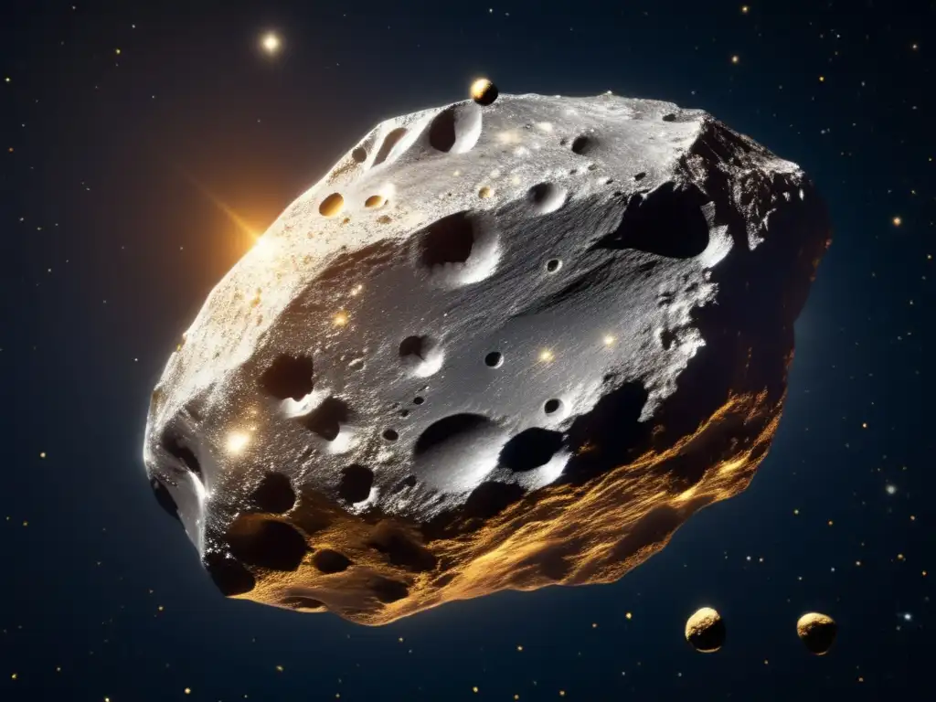Precioso asteroide metálico en el espacio Exploración de asteroides para metales preciosos: un asteroide metálico en el espacio, con su superficie rugosa reflejando las estrellas distantes