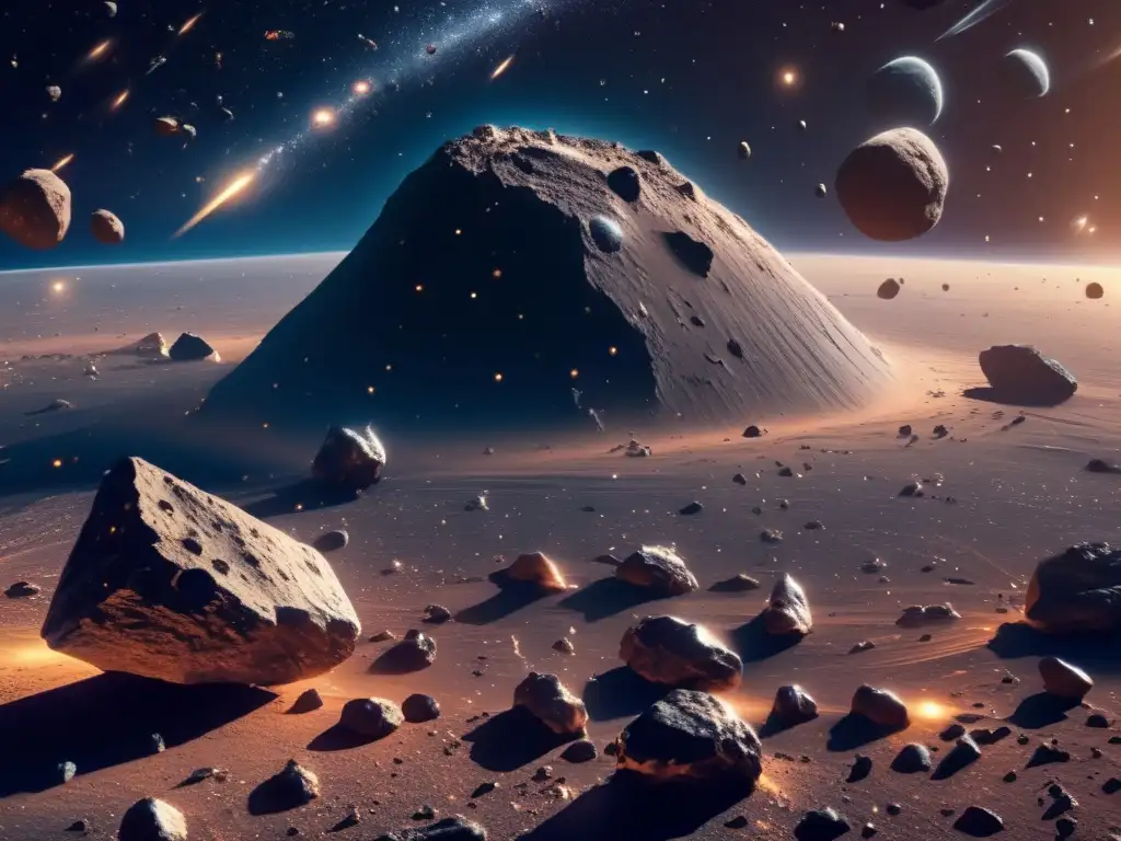 Majestuosos asteroides en el espacio Exploración de asteroides para minería espacial: imagen impresionante de 8k que muestra el espacio con asteroides metálicos resplandecientes