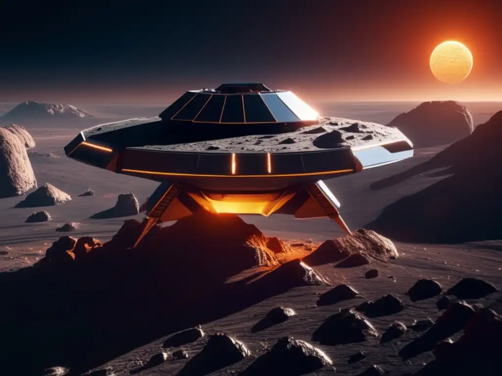 Nave espacial en asteroide Exploración de asteroides: nave espacial en terreno rugoso, tecnología avanzada y misterio del espacio