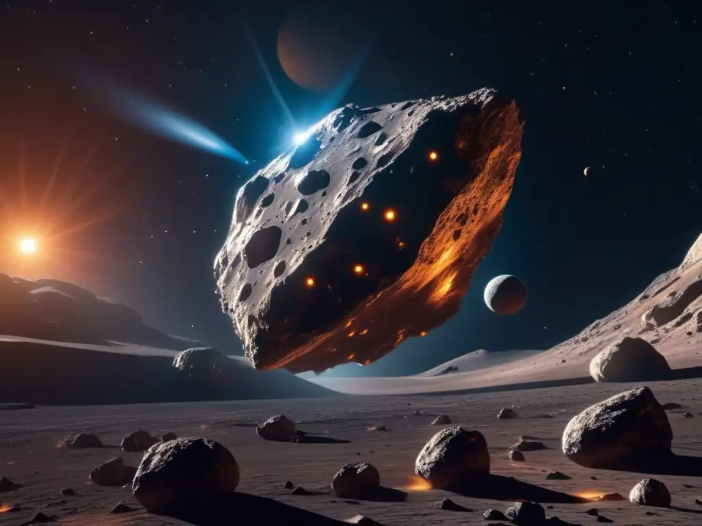 Exploración espacial: nave y asteroide Exploración de asteroides: nave espacial sobre asteroide