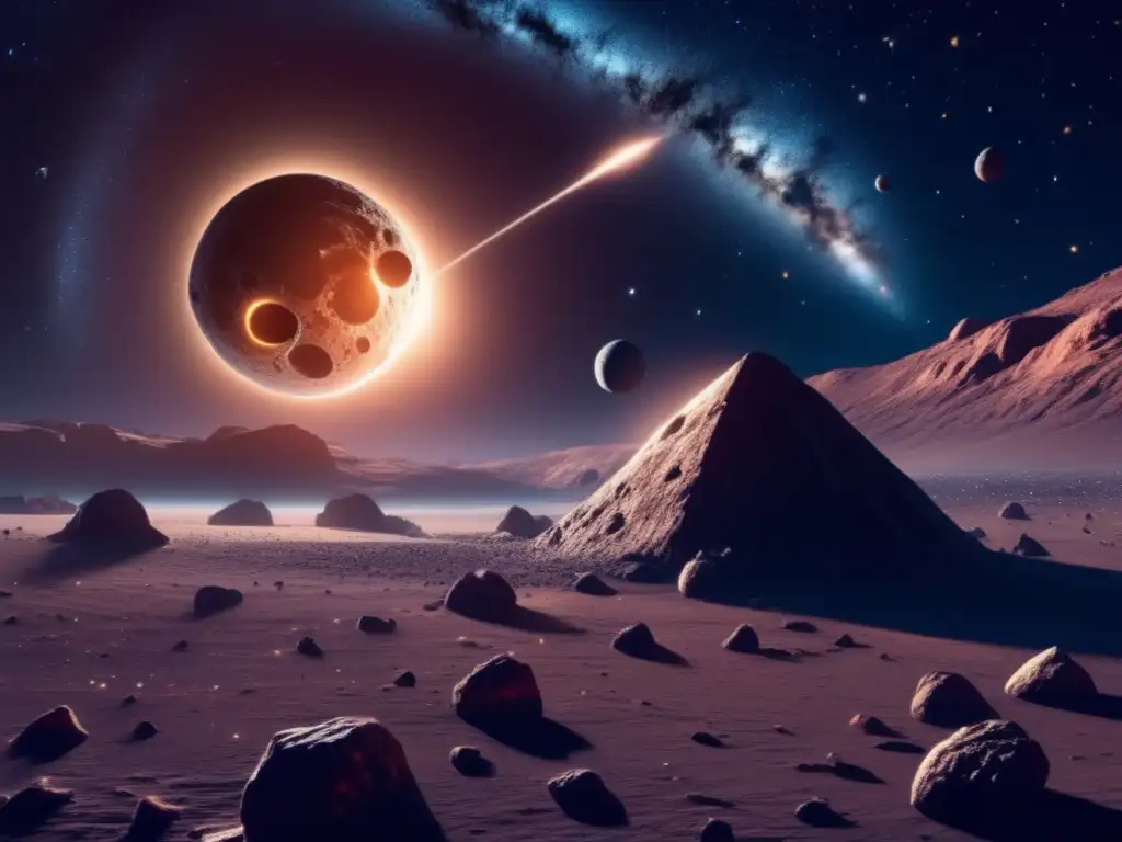 Impresionante imagen 8K de asteroides en el espacio Exploración de asteroides: Oportunidades y peligros en el vasto espacio estelar con asteroides, estrellas y detalles impresionantes