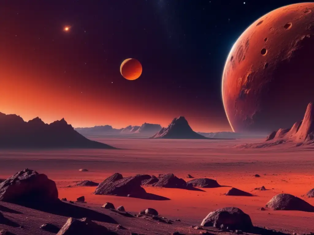 Asteroide amenazante Exploración de asteroides con órbitas elusivas: Imagen detallada de un cielo estrellado desde la superficie de un planeta desolado
