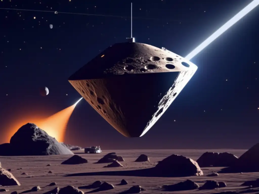 Sonda espacial explorando asteroide Exploración de asteroides con órbitas elusivas: sonda espacial captura imagen impactante de asteroide rocoso con cráteres y tecnología avanzada