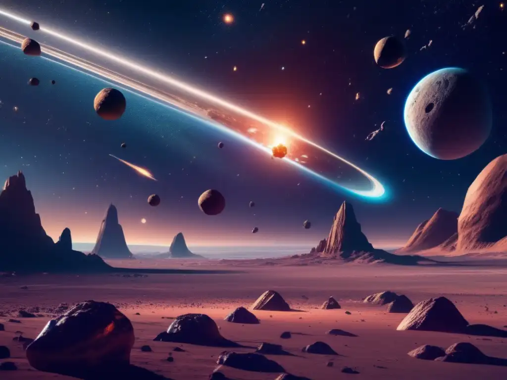 Exploración de asteroides: belleza cósmica y recursos Exploración de asteroides con órbitas elusivas: Imagen 8k detallada muestra vasto espacio, asteroides, nave futurista y extracción de minerales