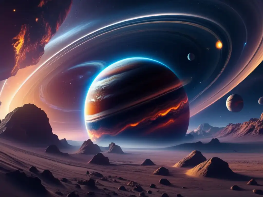 Impresionante escena cósmica con gas gigante y asteroides Exploración de asteroides en órbitas gigantes gaseosos con impresionante imagen 8K cósmica