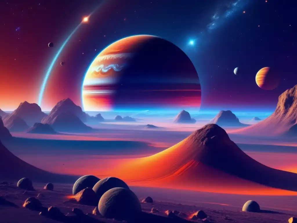 Majestuoso gas gigante en el espacio con asteroides Exploración de asteroides en órbitas gigantes gaseosos