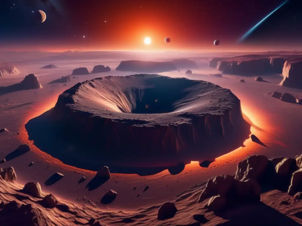 Impresionante paisaje cósmico con asteroide y nebulosa Exploración de asteroides: paisaje cósmico con asteroides y nebulosas