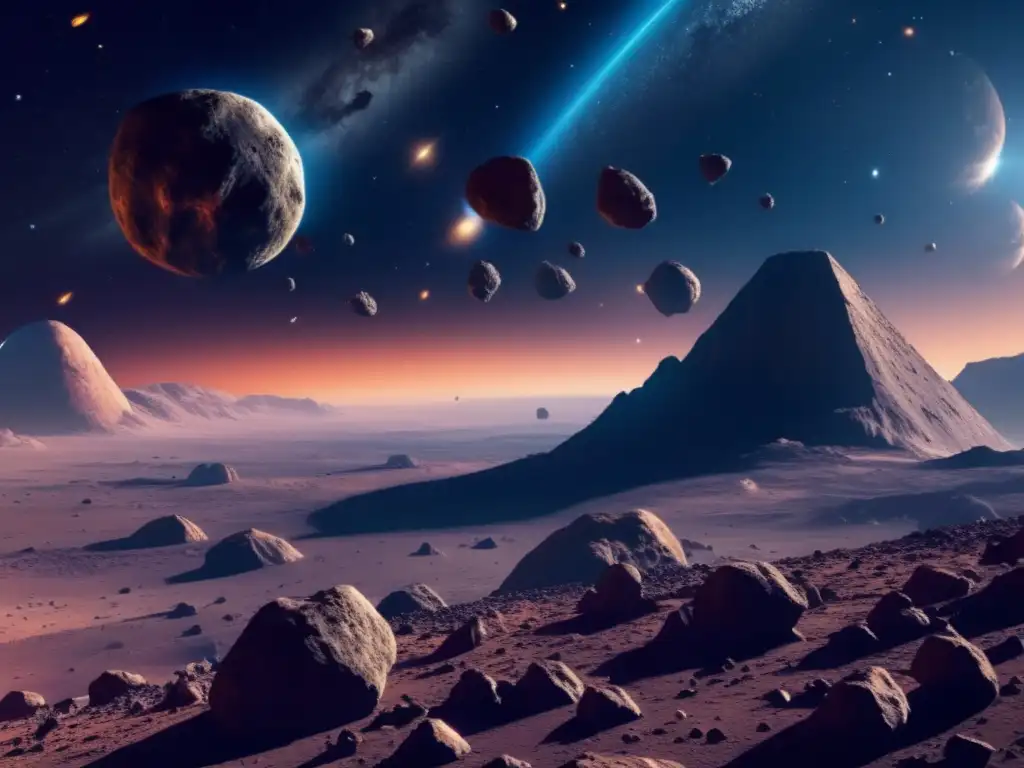 Asombrosa vista de campo de asteroides Exploración de asteroides prometedoras en un impresionante paisaje espacial con diversos tamaños, texturas y colores