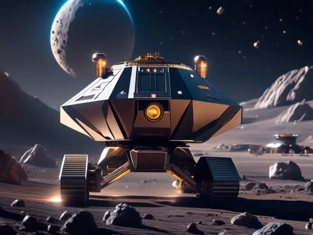 Exploración de asteroides como recurso: Operación minera espacial futurista en un asteroide con avanzada maquinaria y drones