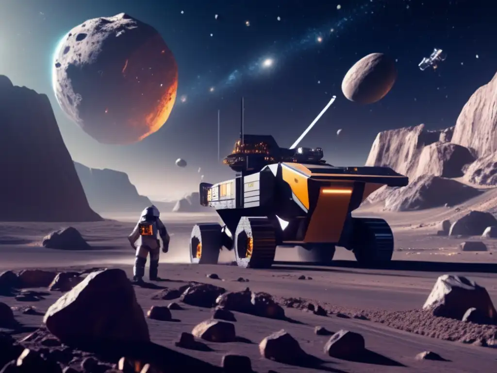Minería futurista en asteroide Exploración de asteroides como recurso: Operación minera futurista en un asteroide con avanzada maquinaria robótica