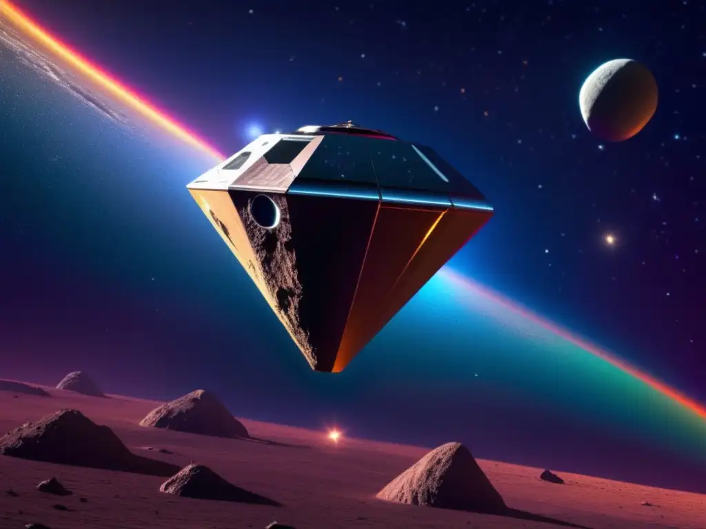 Exploración de asteroides como recurso: Sonda espacial recolectando muestras en asteroide