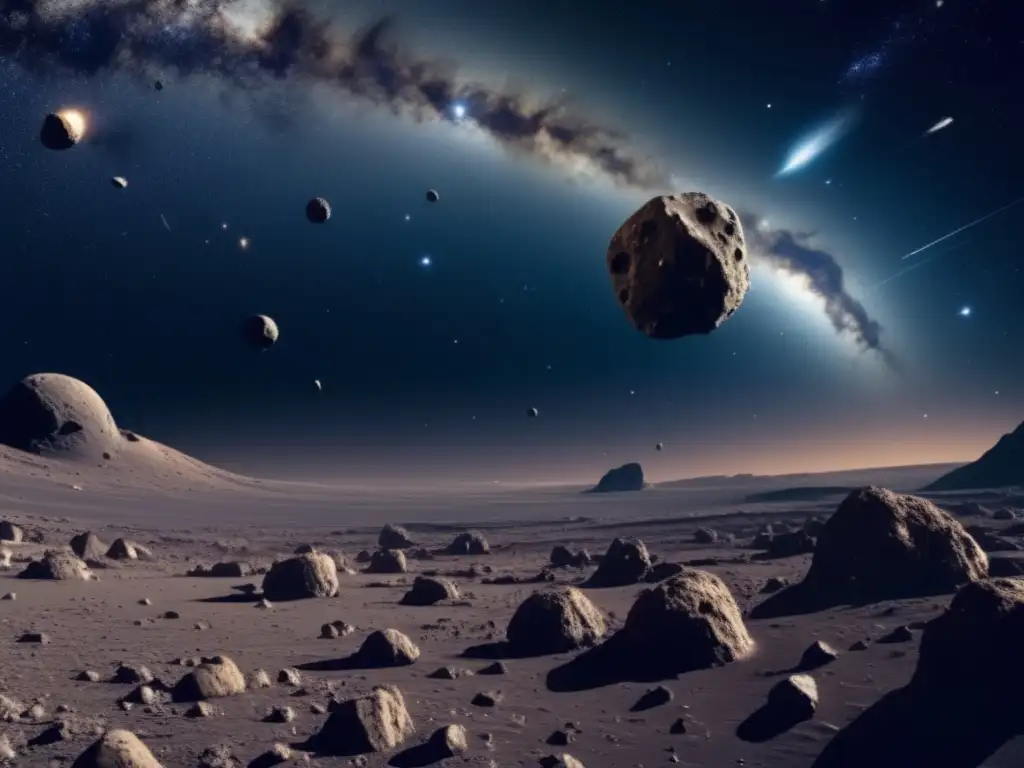 Asteroid belt: vasto espacio estelar con asteroides Exploración de asteroides como recurso, vista detallada de vasto espacio exterior con cinturón de asteroides y texturas rocosas