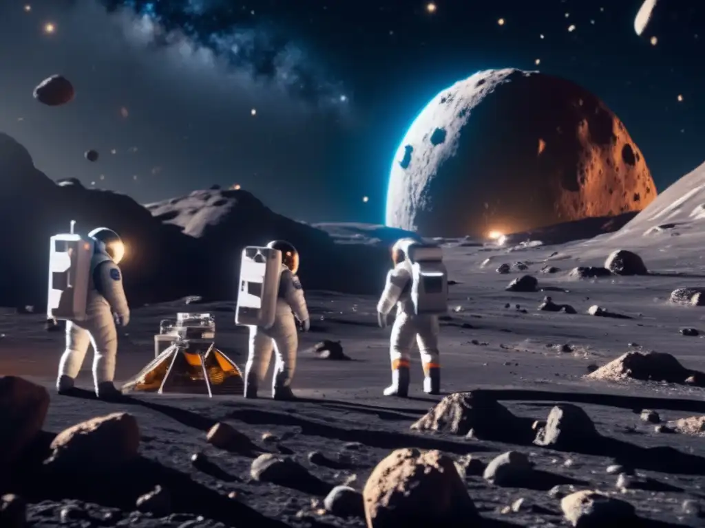 Exploración de asteroides para recursos con astronautas y paisaje espacial