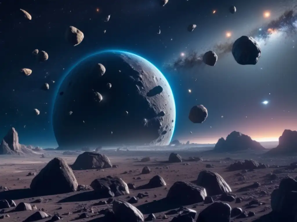 Misterioso campo de asteroides en 8k Exploración de asteroides para recursos en un campo fascinante de asteroides 8k con diversas formas, tamaños y colores