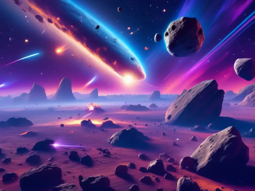 Asteroide campo infinito, belleza y recursos Exploración de asteroides para recursos: campo de asteroides 8k, nebulosa vibrante, naves espaciales mineras y belleza cósmica