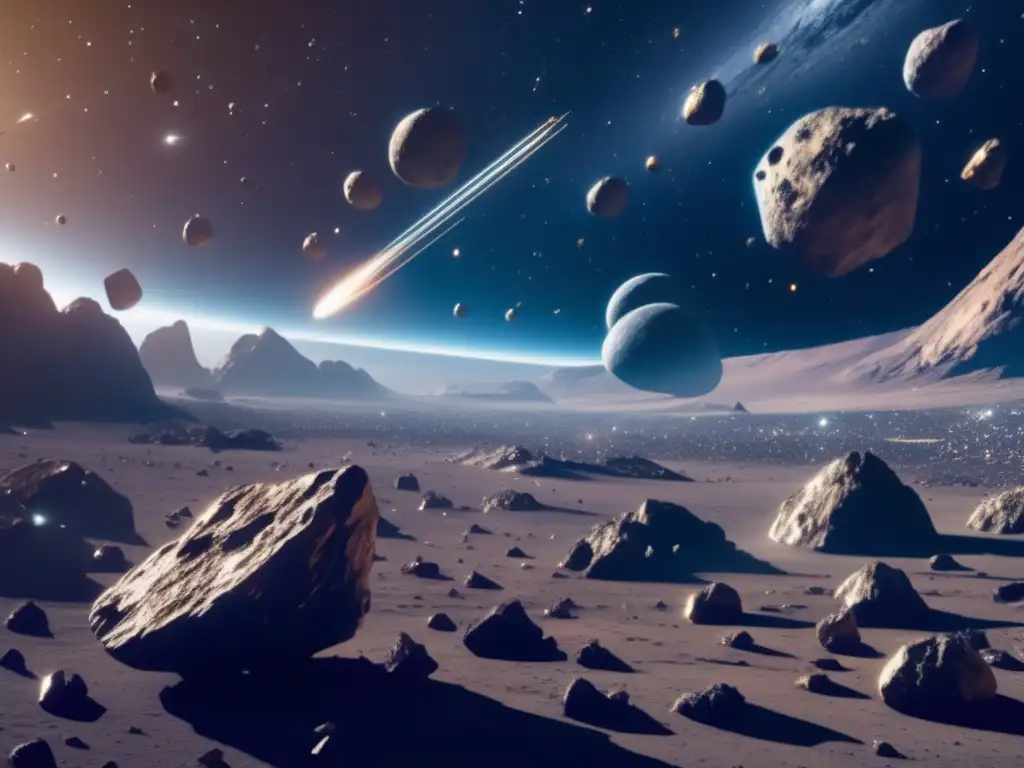 Asteroid field with valuable metals and futuristic spacecraft Exploración de asteroides para recursos: Campo de asteroides ultradetallado en 8k, con asteroide metálicos y nave espacial futurista