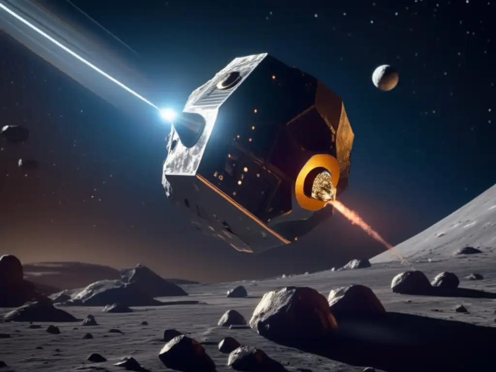 Sonda espacial futurista escaneando asteroide Exploración de asteroides para recursos en un escenario futurista