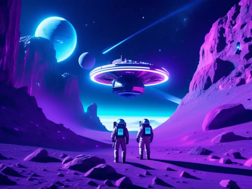Estación espacial futurista y asteroide iluminados por luces vibrantes Exploración de asteroides como recursos en estación espacial futurista sobre asteroide, con astronautas en trajes espaciales