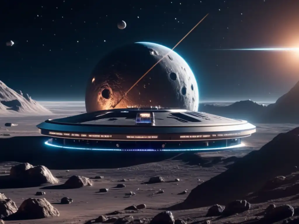 Futurista estación espacial en asteroide Exploración de asteroides y recursos en estación espacial futurista orbitando majestuoso asteroide