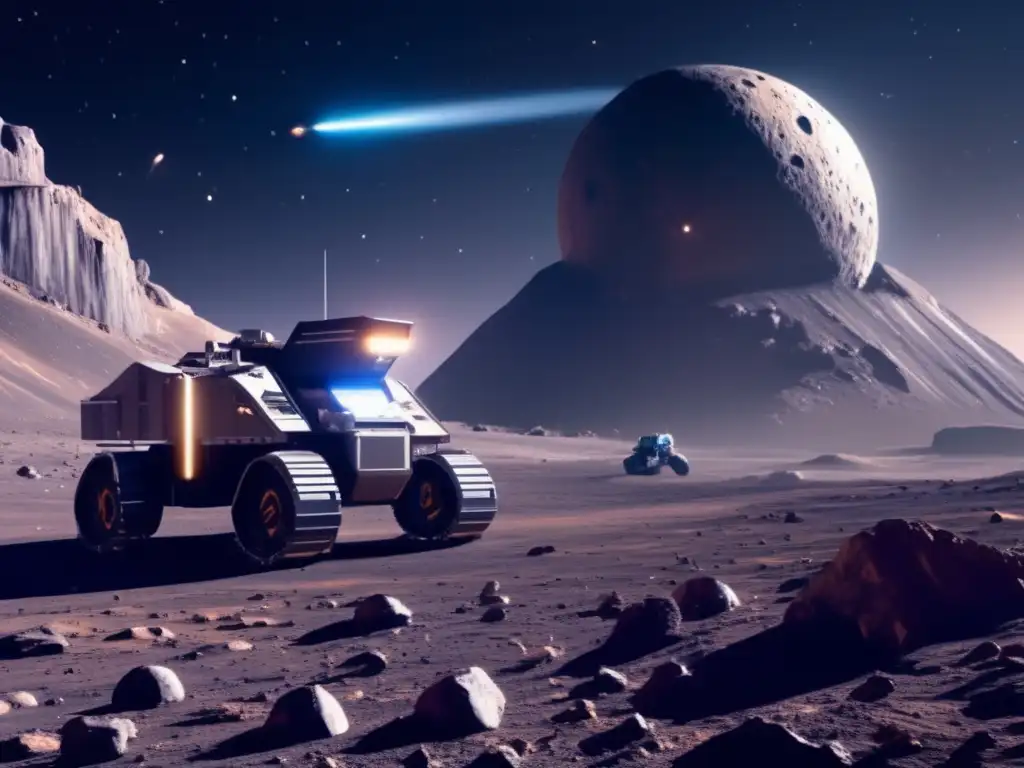 Futuro minero espacial en asteroide Exploración de asteroides para recursos: mina espacial futurista en 8k con maquinaria avanzada y astronautas supervisando