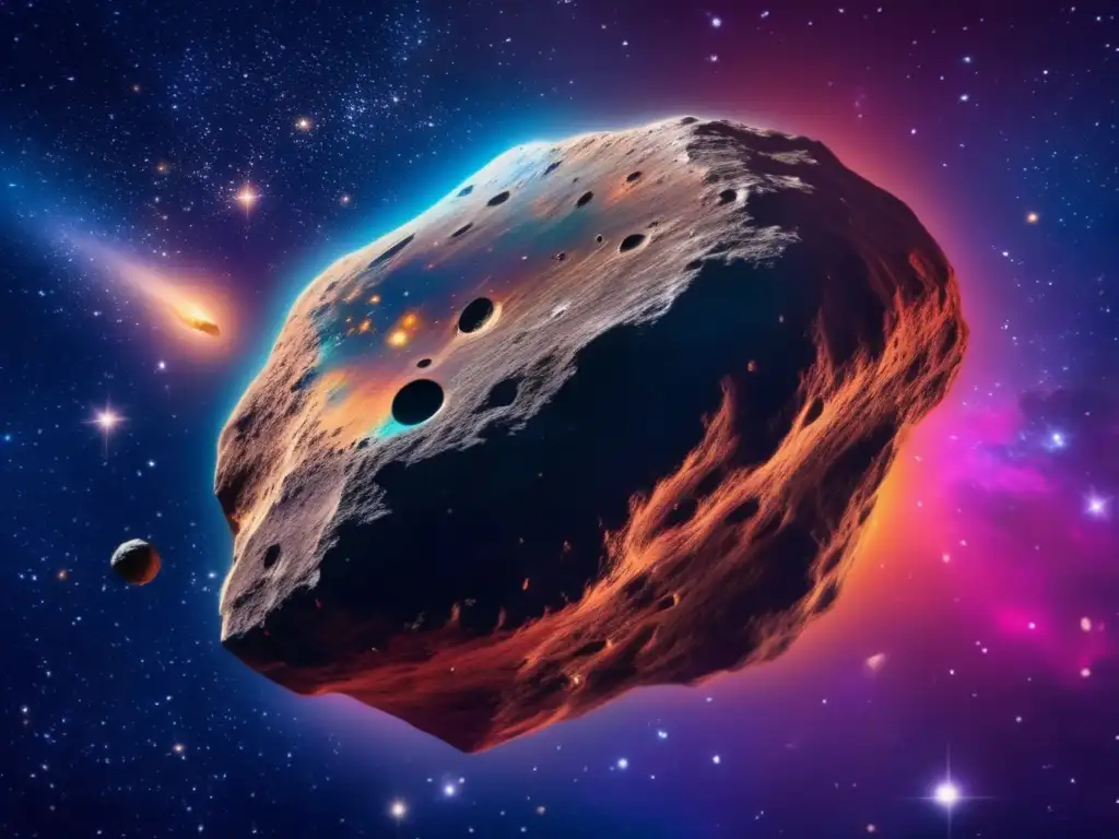 Asteroida flotante en el espacio, rodeado de una vibrante nebulosa Exploración de asteroides para recursos: imagen impresionante de asteroide en el espacio rodeado de nebulosa vibrante