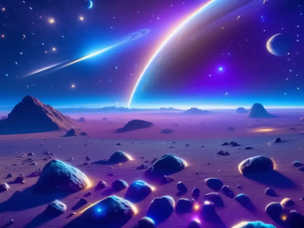 Espléndido campo de asteroides en el espacio Exploración de asteroides para recursos: Imagen impresionante de campo de asteroides iluminado por estrellas, simbolizando avances en investigación