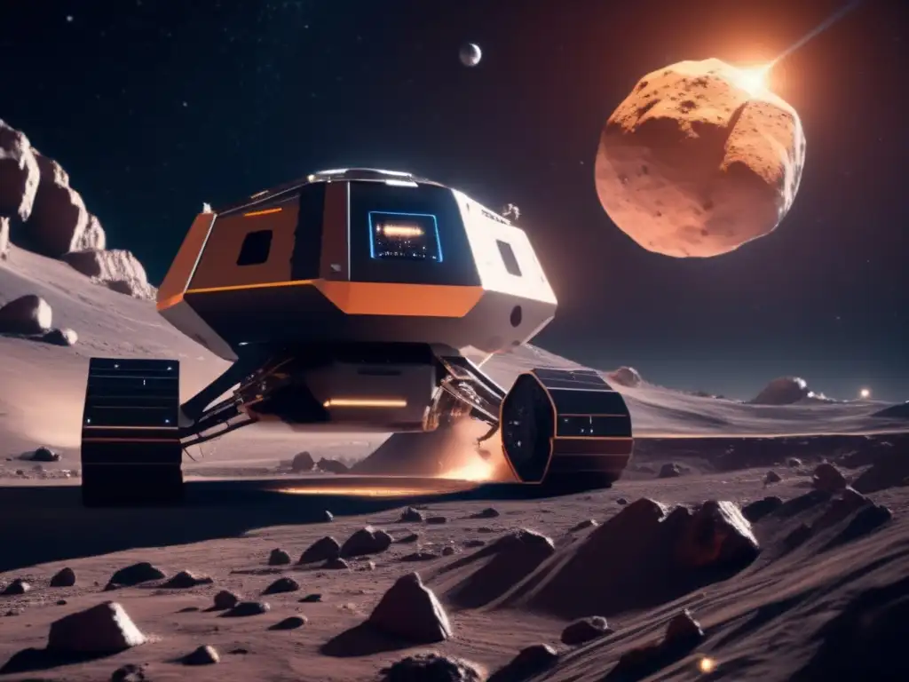 Exploración de asteroides como recursos en imagen futurista de mina espacial en pleno funcionamiento
