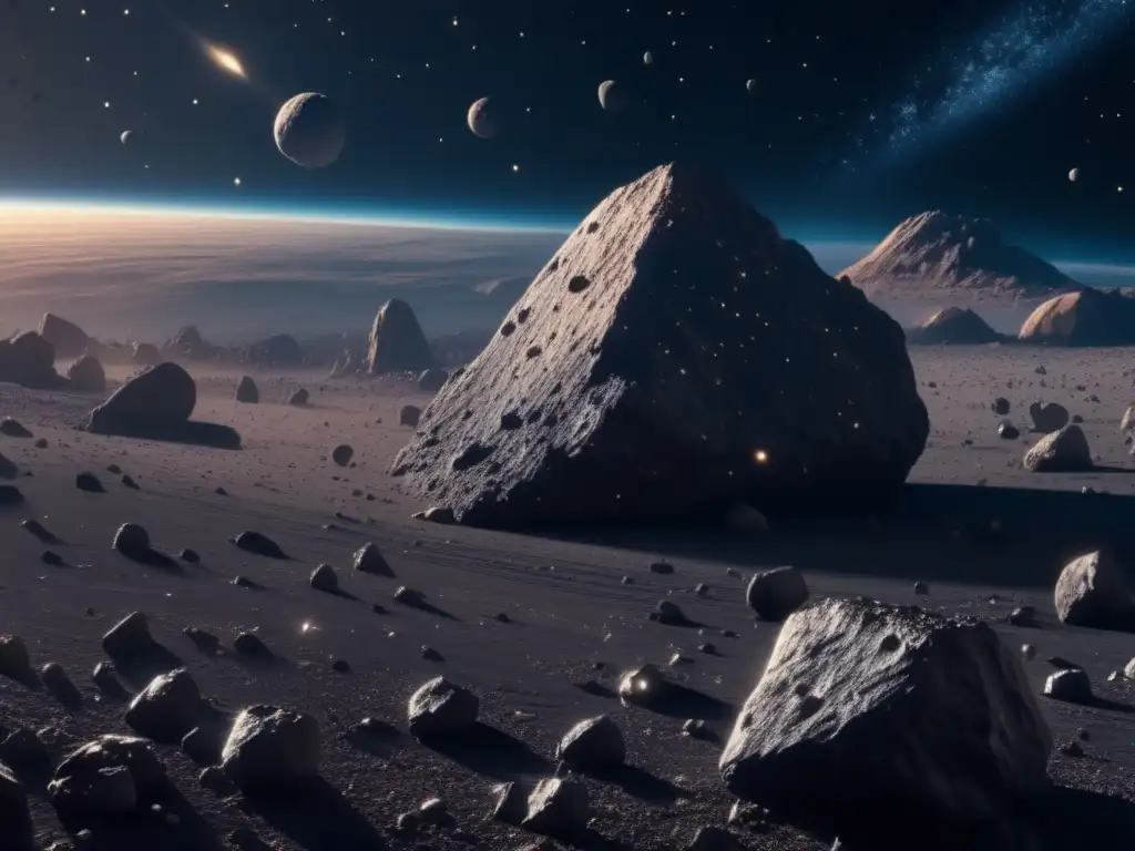 Impactante campo de asteroides en 8k Exploración de asteroides para recursos: imagen 8k detallada de campo de asteroides con brillo estelar