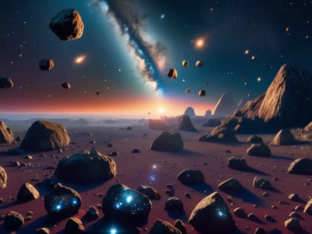 Espectacular campo de asteroides en el espacio Exploración de asteroides como recursos en un impresionante 8k ultradetallado campo de asteroides en el espacio