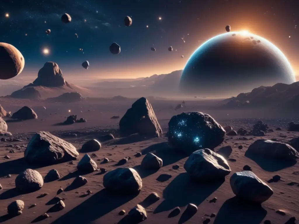 Impresionante imagen 8k del espacio y asteroides Exploración de asteroides para recursos: Impresionante imagen 8k detallada muestra vastedad del espacio y belleza de campo de asteroides