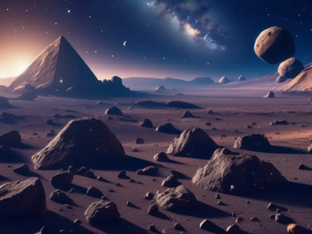 Impresionante campo de asteroides estelares Exploración de asteroides y recursos en una impresionante imagen 8K con campo de asteroides y cielo estrellado